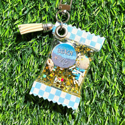 Handmade Beach Life Candy Bag Shaker Keychain || PVC Resin Seashell Glitter Accessory