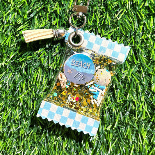 Handmade Beach Life Candy Bag Shaker Keychain || PVC Resin Seashell Glitter Accessory