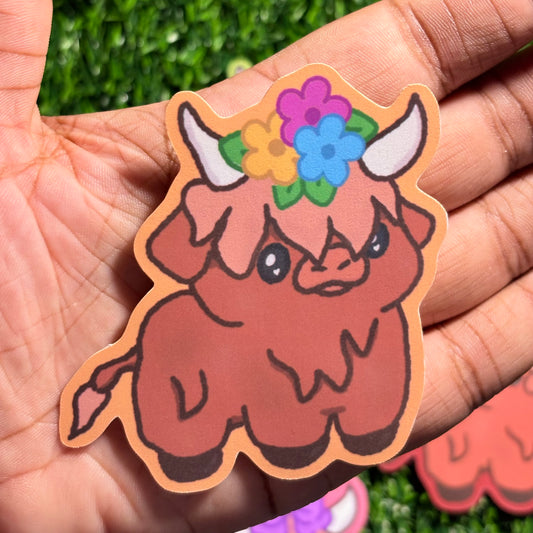 Flower Highland Cow Sticker || Doodle Stickers || Vinyl Waterproof Sticker