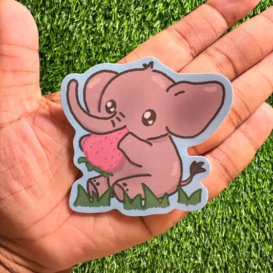 Baby Elephant Strawberry Sticker || Doodle Art || Vinyl Waterproof Stickers