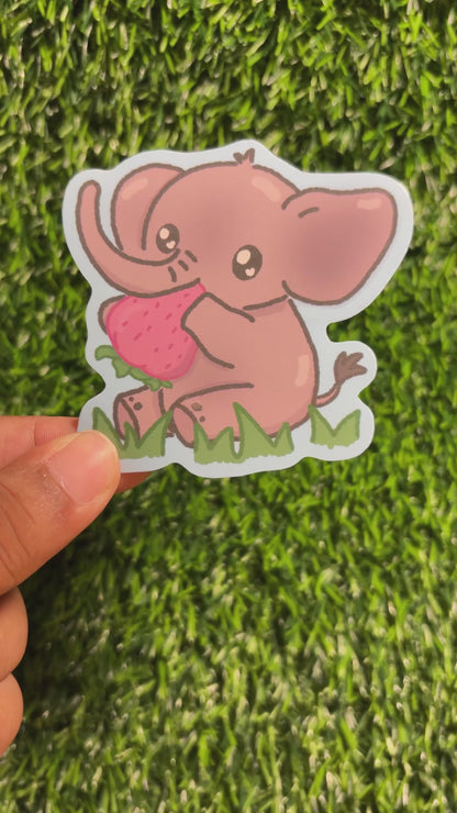 Baby Elephant Strawberry Sticker || Doodle Art || Vinyl Waterproof Stickers