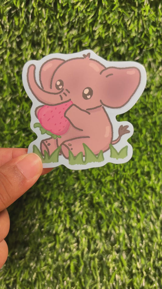 Baby Elephant Strawberry Sticker || Doodle Art || Vinyl Waterproof Stickers